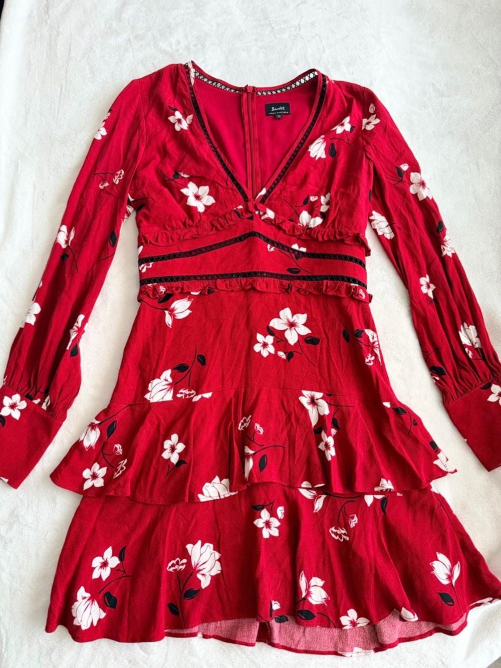 Bardot Red Floral Spring Long Sleeve Tiered Dress Size 4/XS